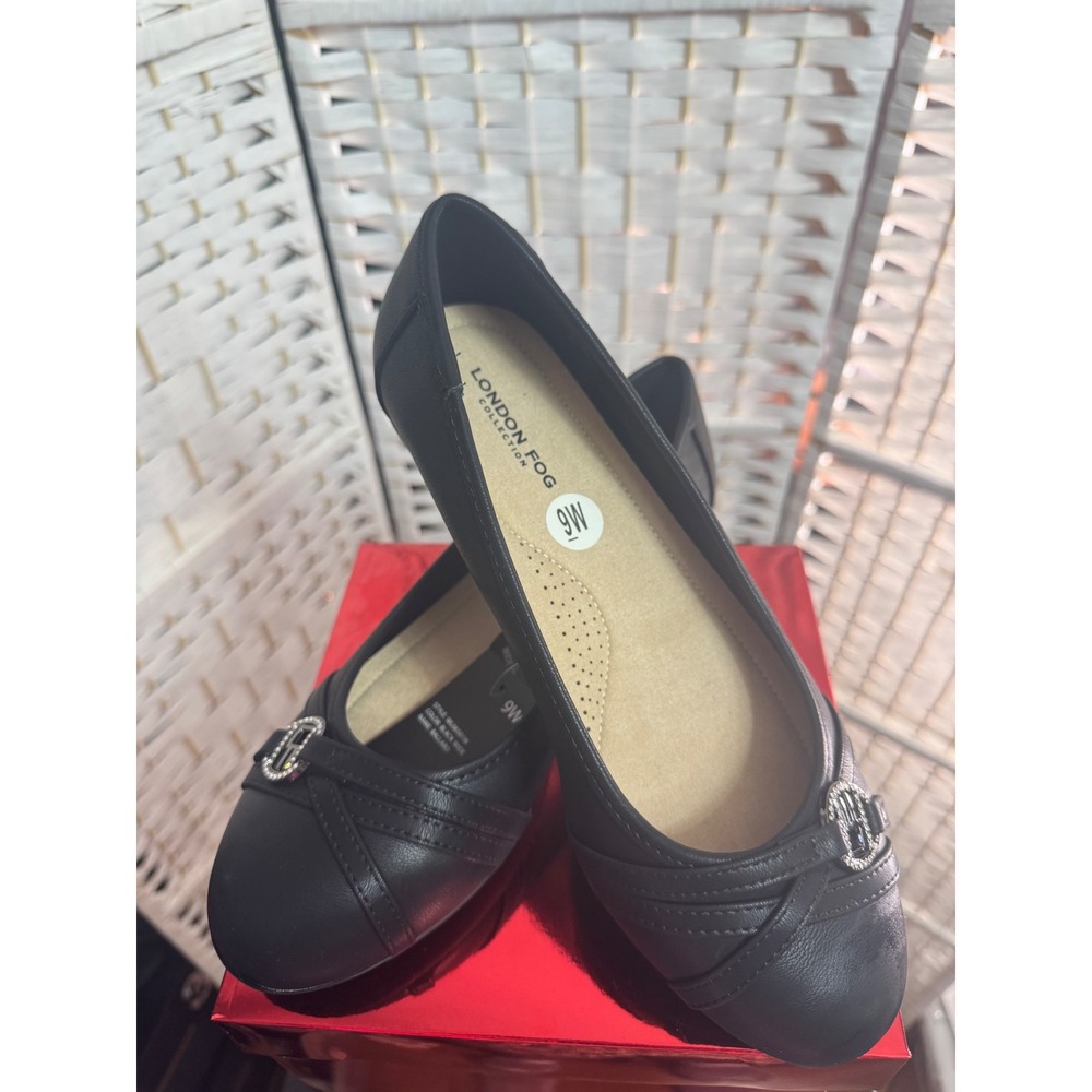 London Fog Wide Width Black Comfort Flats Rhinestone Accent Size 9W - Picture 5 of 9